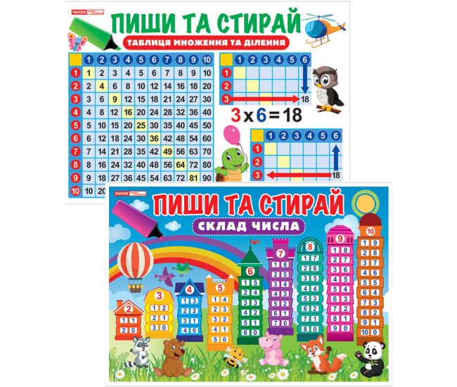 Комплект 2 шт Стенди Пиши та стирай Склад числа + Таблиця множення та ділення Ранок. Наочні посібники - Видавництво Ранок - ISBN 4823076146900, 4823076146917